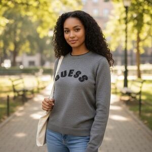 VTG GUESS Jeans‎ Women's Gray Sweater Long Sleeve Crew Neck Applique Logo Size M